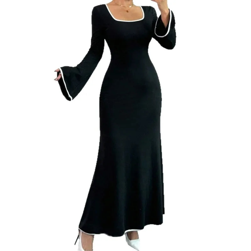 Women Elegant Black Maxi Dresses Long Sleeve