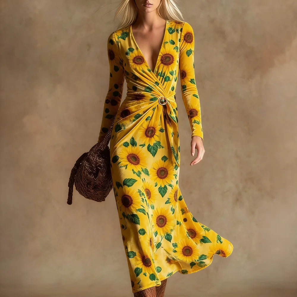Women's Sunflower Print Maxi Dress Deep