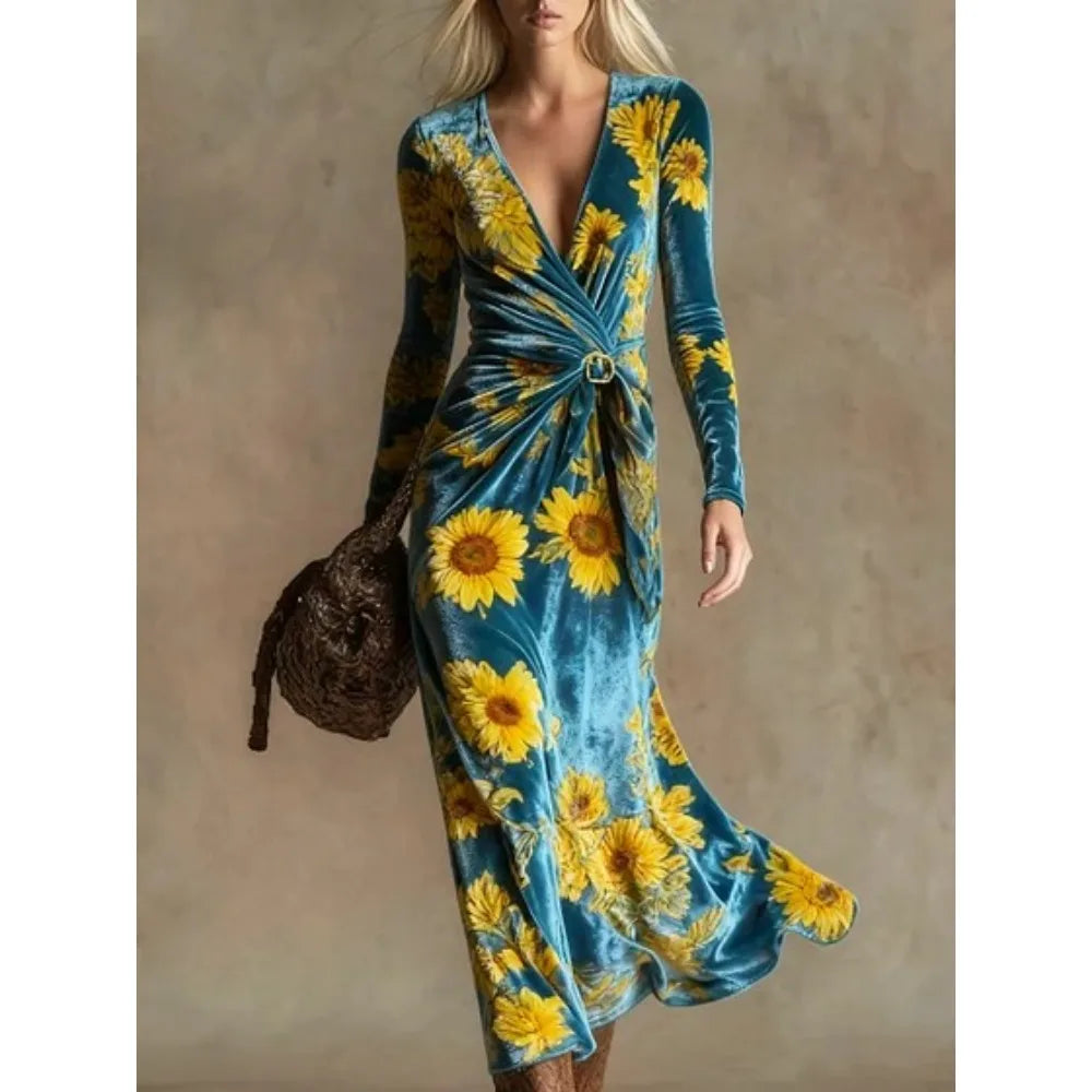 Women's Sunflower Print Maxi Dress Deep